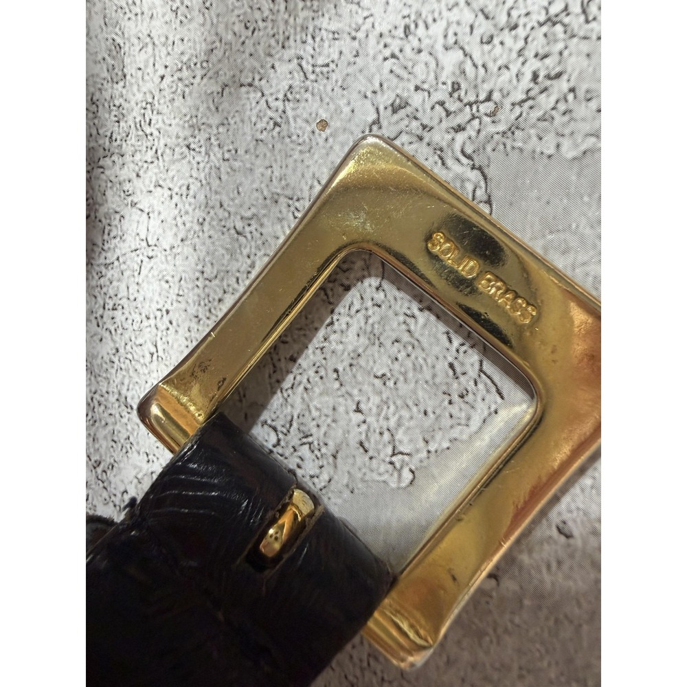 Halston Italian Calf Leather Belt Womens Large Black Textured Solid Brass Buckle - Picture 2 of 6